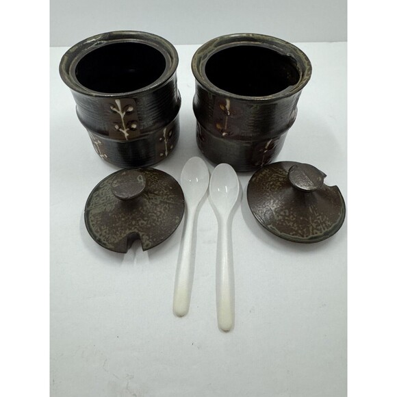 Japan Art Pottery Salt Pepper, 2 Jam Jars W/ Spoons MCM Boho Wood Pedestal Raku - Picture 4 of 12